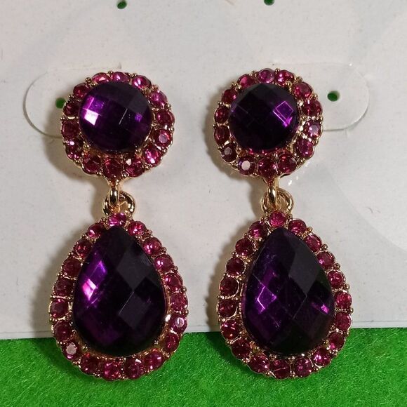 NWT Style & Co. Teardrop Purple Cabochon Gold Tone earrings - Picture 1 of 5